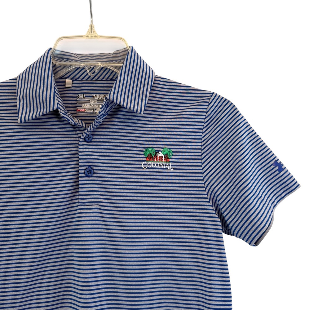 Under Armour Colonial CC Polo Shirt Blue Gray Striped HeatGear Youth Medium Golf